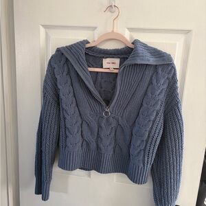 Pink Rose V-Neck Blue Cable Knit Sweater